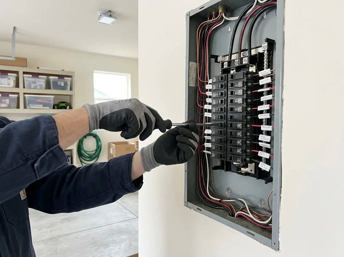 An electrician working inside a residential electrical panel