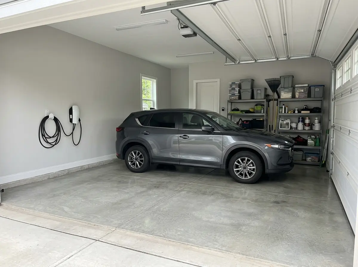 A wall-mounted EV charger in a residential garage