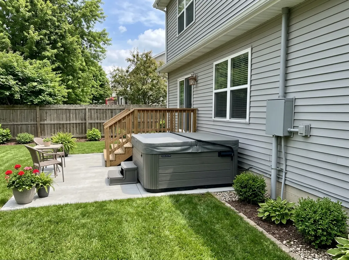 A backyard hot tub with an electrical disconnect and conduit on the house wall