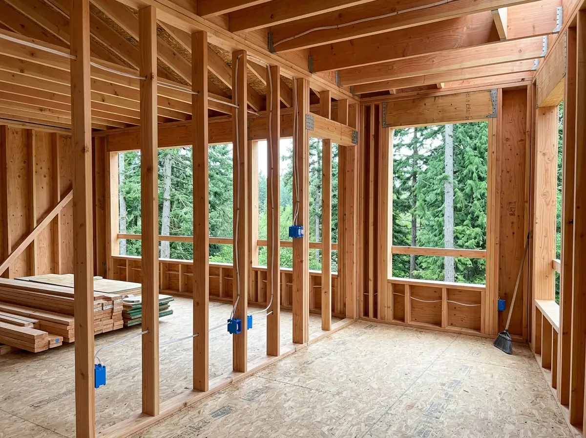 Wood-framed home interior with electrical boxes and cable run between studs