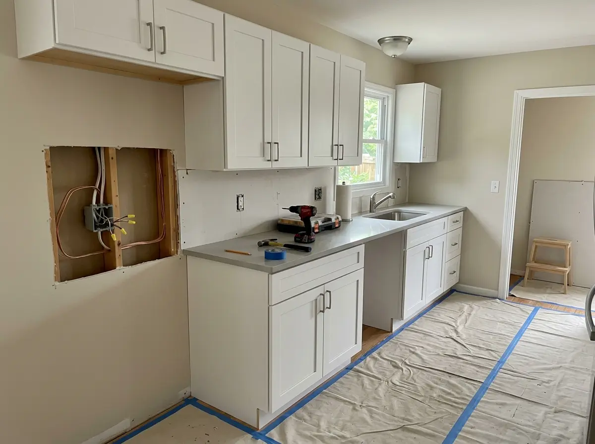 Kitchen remodel in progress with an open wall and wiring