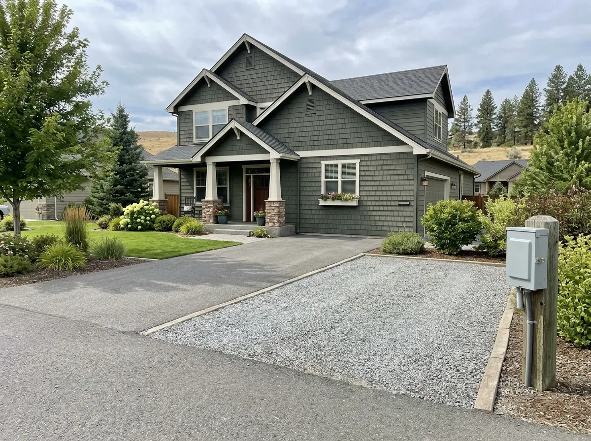 An RV power pedestal beside a gravel driveway next to a house